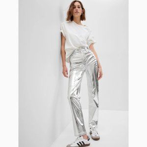 Gap Cheeky Straight High Rise Silver Vegan Leather Pants Size 28